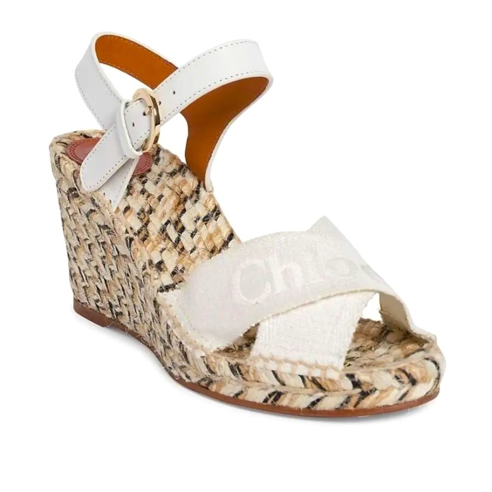 Chloe Pila Leather And Canvas Wedge Espadrilles White / Cream Logo Resort Nwot
